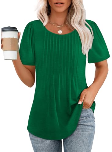 OFEEFAN Oversized T Shirts for Women Plus Size Short Sleeve Pleats Summer Tops Fashion Clothing Chirstmas Thanksgiving Outfits Green XXL - Image 1