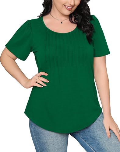 OFEEFAN Oversized T Shirts for Women Plus Size Short Sleeve Pleats Summer Tops Fashion Clothing Chirstmas Thanksgiving Outfits Green XXL - Image 4