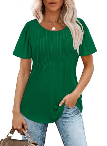 OFEEFAN Oversized T Shirts for Women Plus Size Short Sleeve Pleats Summer Tops Fashion Clothing Chirstmas Thanksgiving Outfits Green XXL - Image 2