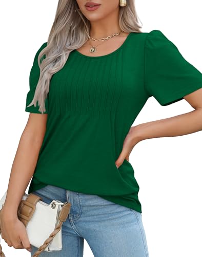 OFEEFAN Oversized T Shirts for Women Plus Size Short Sleeve Pleats Summer Tops Fashion Clothing Chirstmas Thanksgiving Outfits Green XXL - Image 3