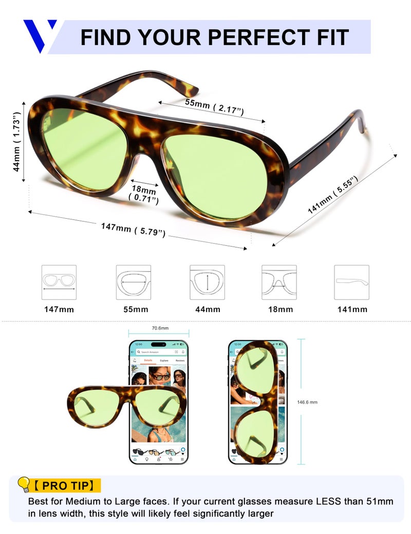 VANLINKER Retro Aviator Sunglasses for Women Chic Classic 70s Vintage Trendy 2025 Chunky Sun Glasses VL9865,Tortoise/Light Green - Image 5