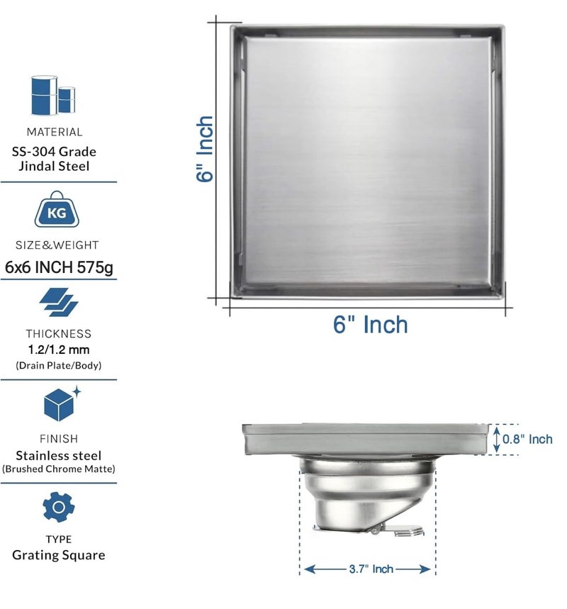 CARNIVALTile Insert Floor Drain 304 Stainless Steel Invisible Shower Drain Channel 6 x 6 Inches Waste Water Floor Drain for 15mm Tile Drain Channel with Stainless Steel Cockroach Trap - Image 3