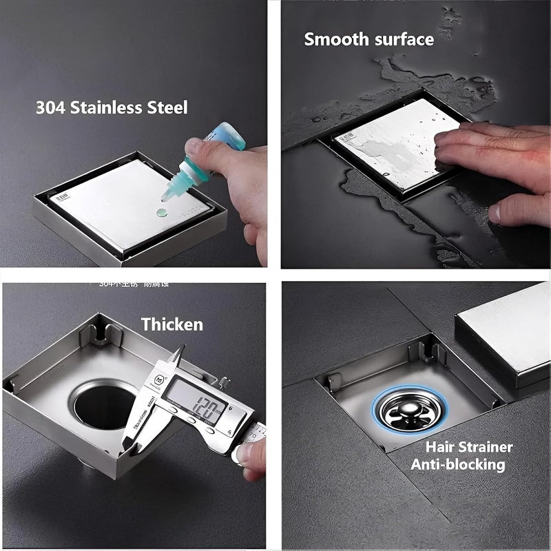 CARNIVALTile Insert Floor Drain 304 Stainless Steel Invisible Shower Drain Channel 6 x 6 Inches Waste Water Floor Drain for 15mm Tile Drain Channel with Stainless Steel Cockroach Trap - Image 2