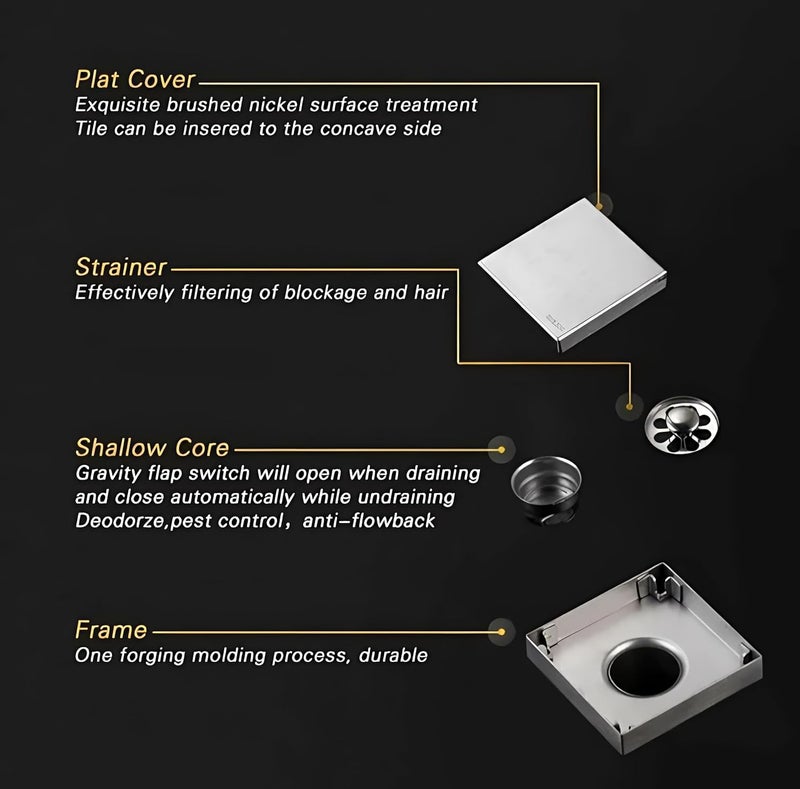 CARNIVALTile Insert Floor Drain 304 Stainless Steel Invisible Shower Drain Channel 6 x 6 Inches Waste Water Floor Drain for 15mm Tile Drain Channel with Stainless Steel Cockroach Trap - Image 5