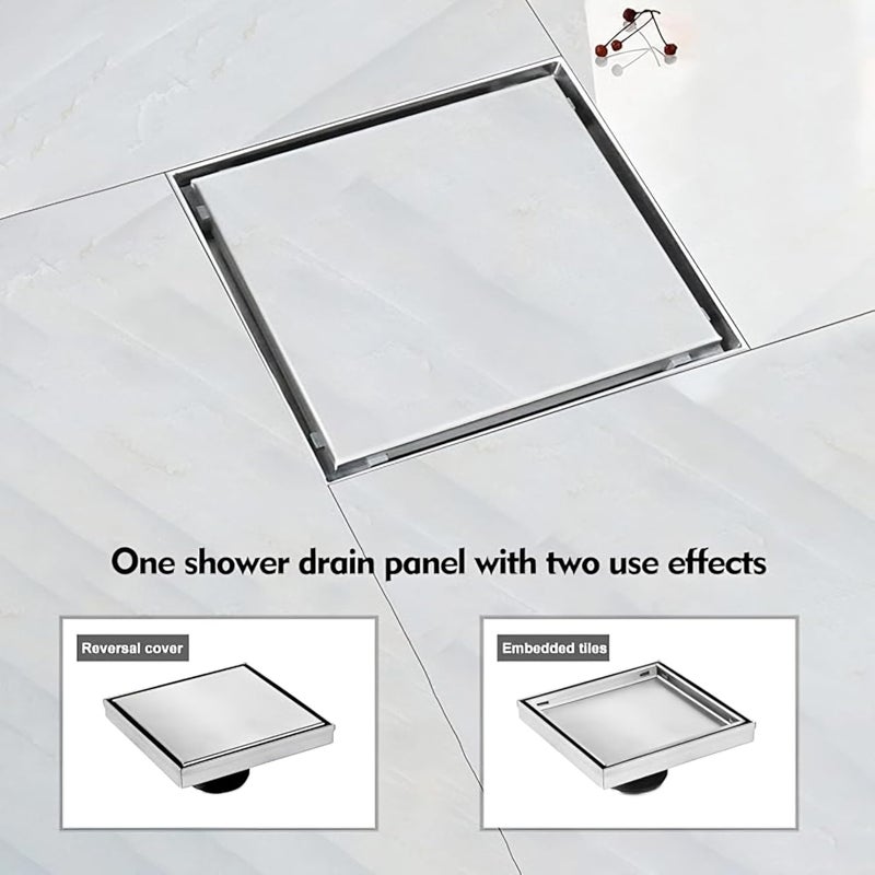 CARNIVALTile Insert Floor Drain 304 Stainless Steel Invisible Shower Drain Channel 6 x 6 Inches Waste Water Floor Drain for 15mm Tile Drain Channel with Stainless Steel Cockroach Trap - Image 4