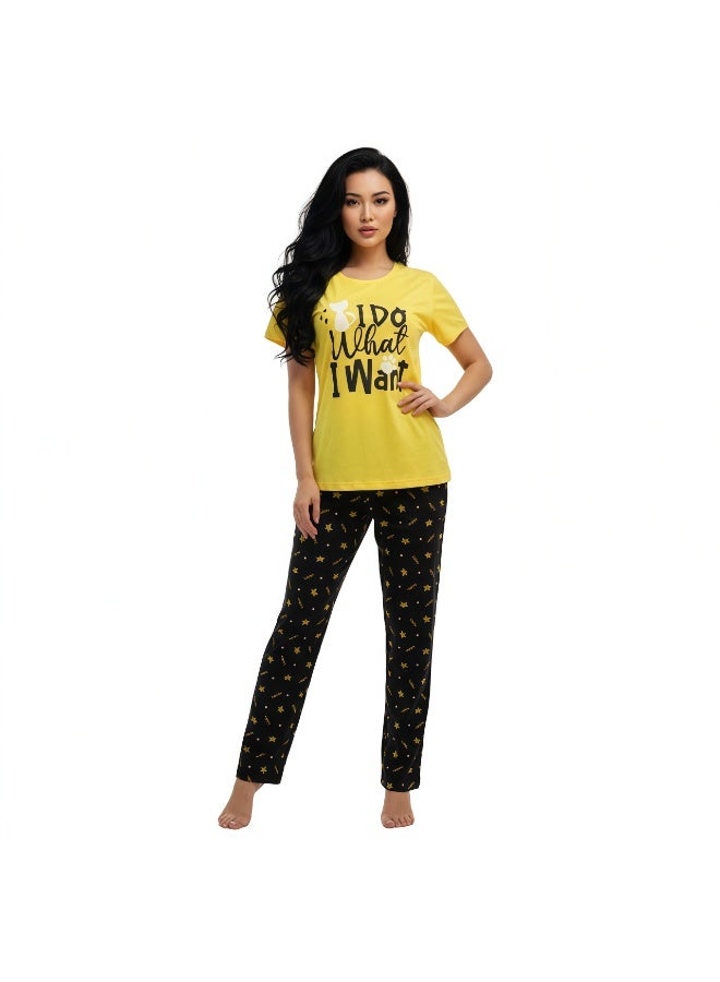 جوانا طقم بيجامة نسائي بطبعة "أفعل ما أريد"، قميص بأكمام قصيرة وبنطال طويل، باللون الأصفر - Image 5