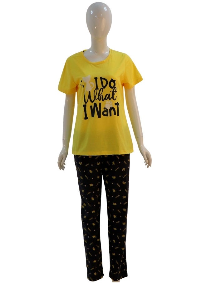 JOANNA - JOANNA Women's I Do What I Want Print Short Sleeve Shirt & Long Pants Pajama Set, Yellow - Image 1