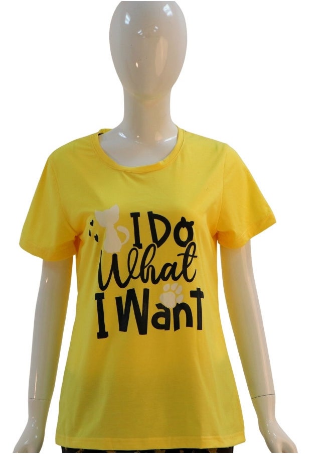 JOANNA - JOANNA Women's I Do What I Want Print Short Sleeve Shirt & Long Pants Pajama Set, Yellow - Image 1
