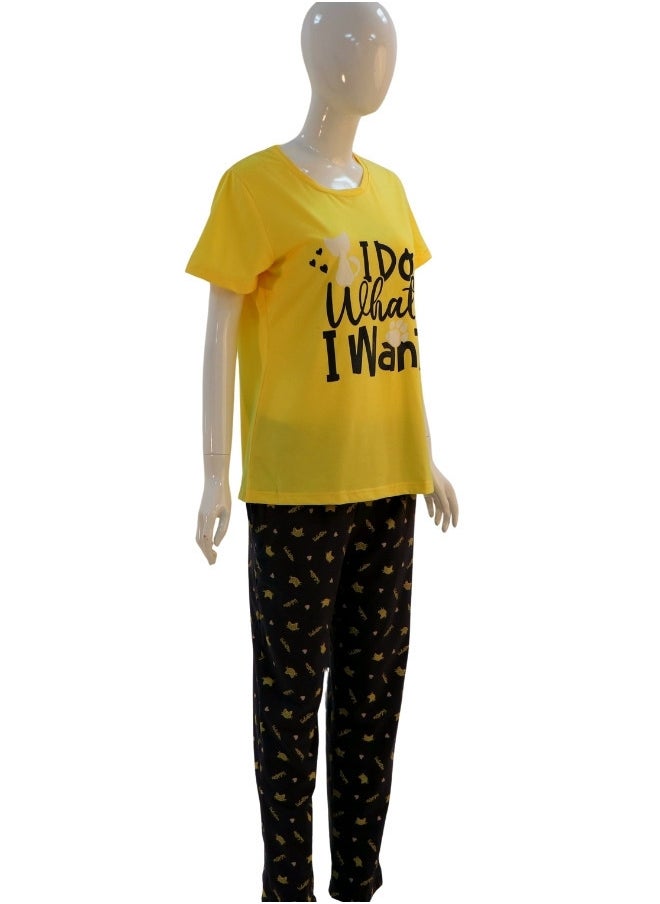 JOANNA - JOANNA Women's I Do What I Want Print Short Sleeve Shirt & Long Pants Pajama Set, Yellow - Image 1