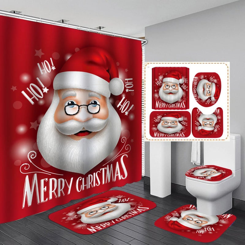 Bluejw ized New Christmas Santa Claus High Quality Waterproof Toilet Lid Cover Anti-Slip Rug Mat Set 4 Pieces Shower Curtain Set - Image 1