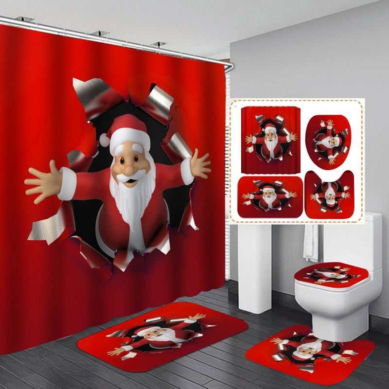 Bluejw ized New Christmas Santa Claus High Quality Waterproof Toilet Lid Cover Anti-Slip Rug Mat Set 4 Pieces Shower Curtain Set - Image 3