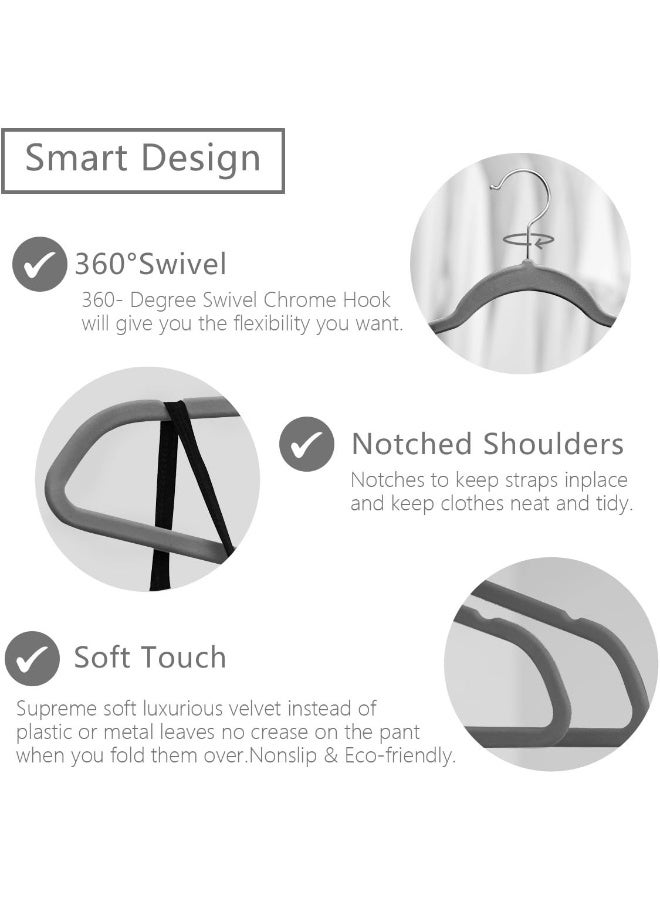 MIZGI Premium Velvet Hangers Heavyduty - Non Slip - Velvet Suit Hangers Gray - Chrome Hooks, Space Saving Clothes Hangers - Image 3