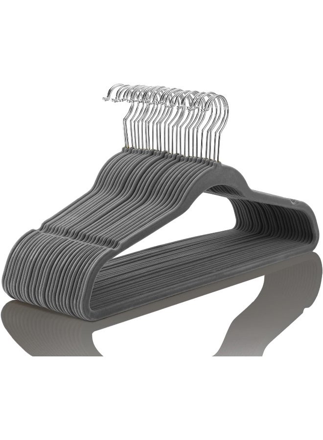 MIZGI Premium Velvet Hangers Heavyduty - Non Slip - Velvet Suit Hangers Gray - Chrome Hooks, Space Saving Clothes Hangers - Image 1