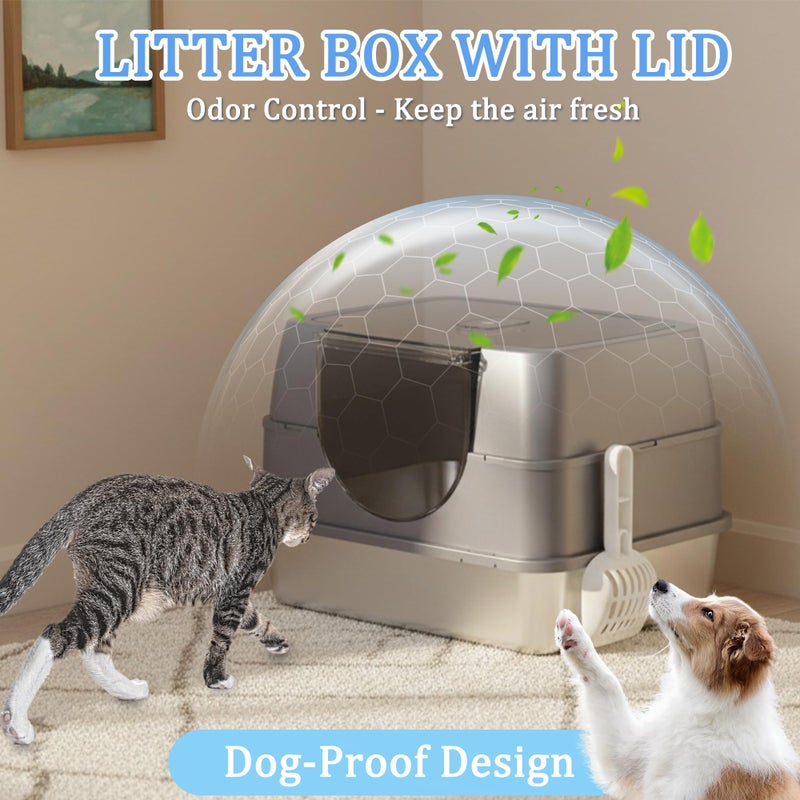 Tehoao Enclosed Cat Litter Box with Flip-Top Lid, Stainless Steel Large Covered Litter Box, High Sided Metal Litter Pan with Litter Scoop & Mat, Odor Control, Leak Proof, Easy Cleaning, Grey - Image 4