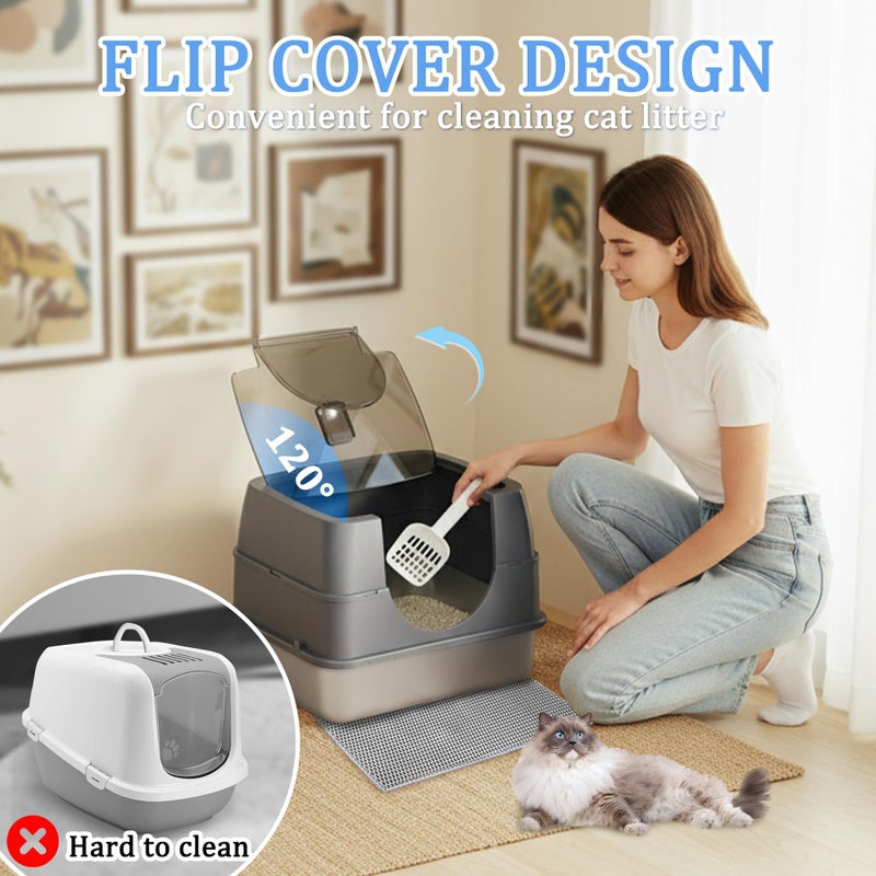 Tehoao Enclosed Cat Litter Box with Flip-Top Lid, Stainless Steel Large Covered Litter Box, High Sided Metal Litter Pan with Litter Scoop & Mat, Odor Control, Leak Proof, Easy Cleaning, Grey - Image 2