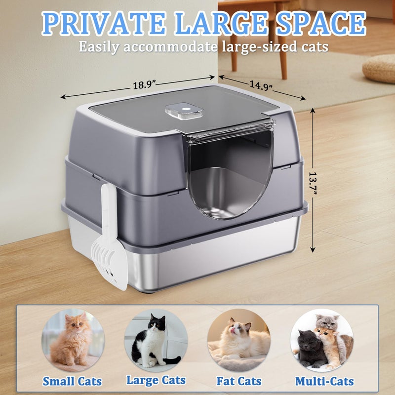 Tehoao Enclosed Cat Litter Box with Flip-Top Lid, Stainless Steel Large Covered Litter Box, High Sided Metal Litter Pan with Litter Scoop & Mat, Odor Control, Leak Proof, Easy Cleaning, Grey - Image 5
