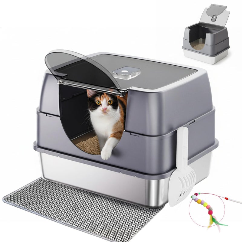 Tehoao Enclosed Cat Litter Box with Flip-Top Lid, Stainless Steel Large Covered Litter Box, High Sided Metal Litter Pan with Litter Scoop & Mat, Odor Control, Leak Proof, Easy Cleaning, Grey - Image 1