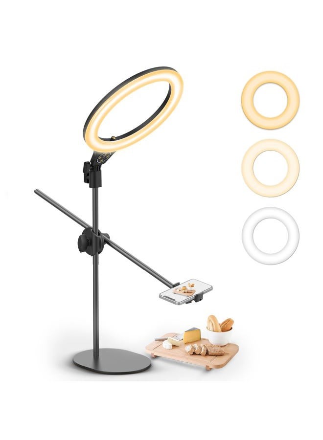 Ulanzi [Upgraded Base] ULANZI Overhead Phone Mount with 10" Selfie Ring Light, Tabletop Light Stand with 360° Shooting Arm, 3500k-6500K Dimmable Ring Light for Video Recording, Live Stream, Portrait & Makeup  - Image 1
