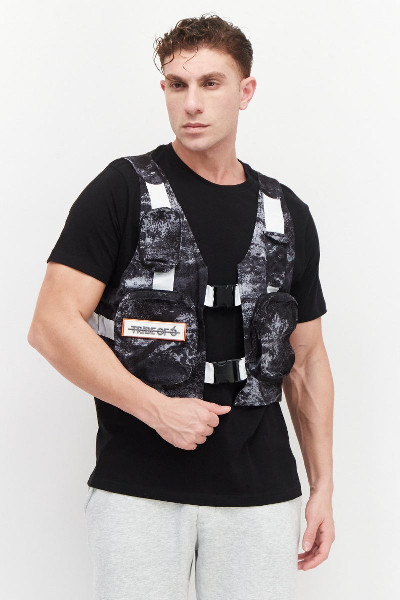 TRIBE OF 6 Men Embroidered Logo Vest Jacket, Black - Image 1