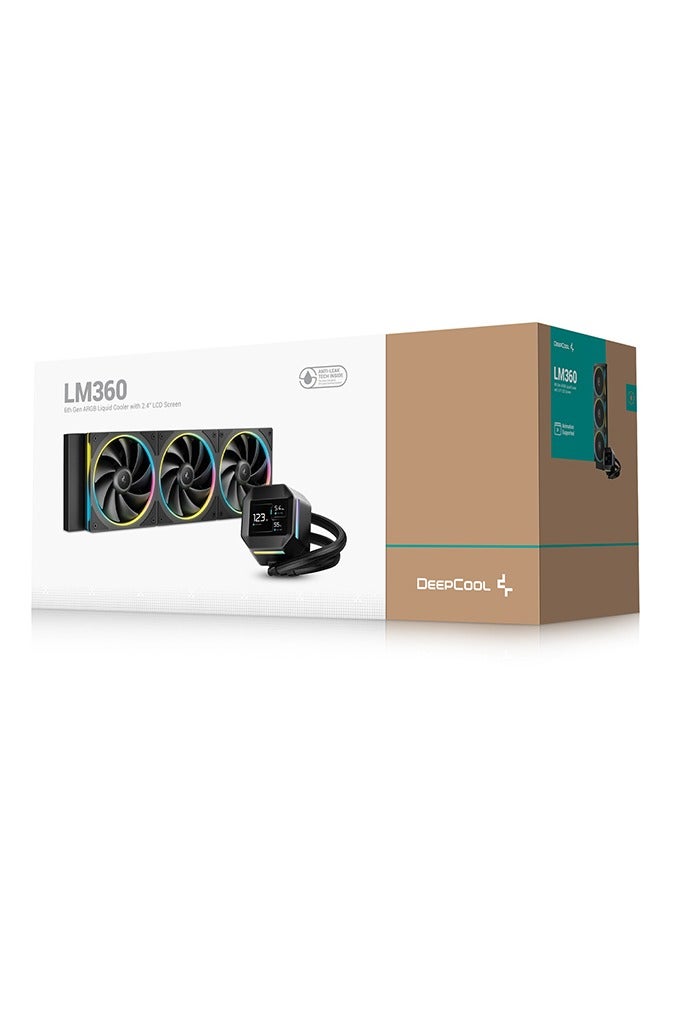 DEEPCOOL LM360 360mm AIO Liquid CPU Cooler, 6th Gen Pump, 3x 120mm ARGB PWM Fans, 2.4" IPS LCD Screen (MP4/GIF/Stats Display), Anti-Leak Tech, White Color, Intel & AMD Compatible, Quiet Operation ≤36.07 dB, 410mm Tubing, Gen 6 FOC Motor, Custom Display via DeepCreative Software, Black | R-LM360-BKDMMC-1  - Image 1
