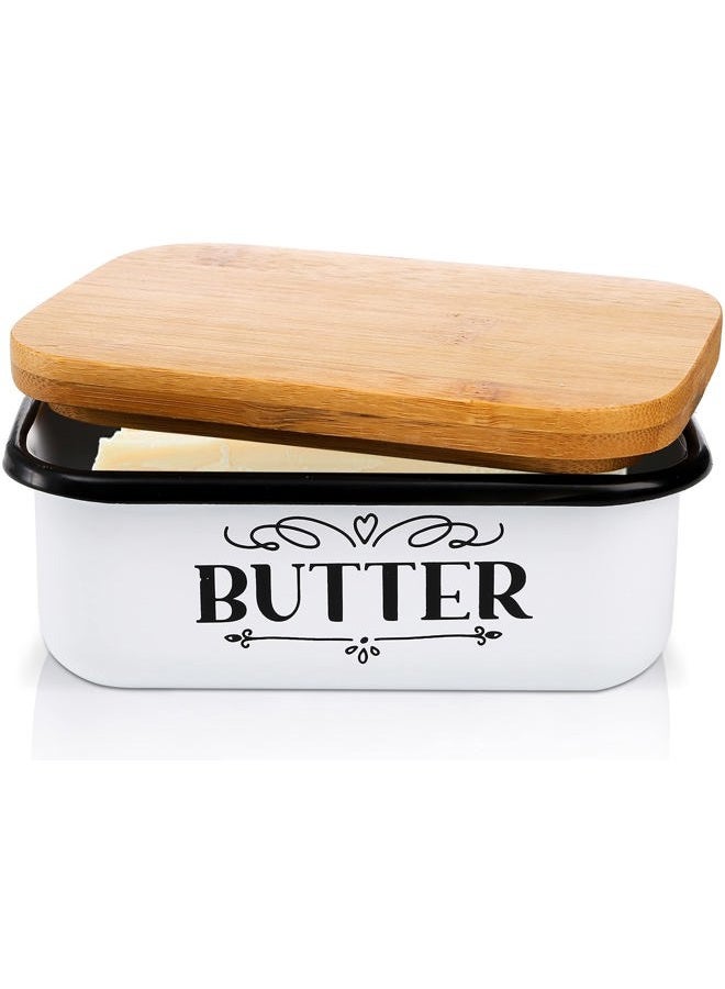 Yesland Butter Dish with Wooden Lid - Unbreakable Enamel Butter Container - Large Vintage Farmhouse Style Butter Keeper for 2 Sticks of Butter East or 1 West Coast Butter(White and Brown) - Image 1
