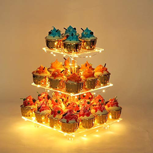 YestBuy 3 Tier Clear Square Cupcake Stand  Premium Cupcake Holder  Acrylic Cupcake Tower Display  Cady Bar Party Dcor  LED Light String  Ideal for Weddings Birthday Parties Yellow Light