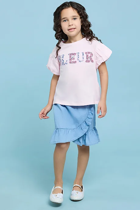 أر أند بي Embroidered Top with Crew Neck and Balloon Sleeves