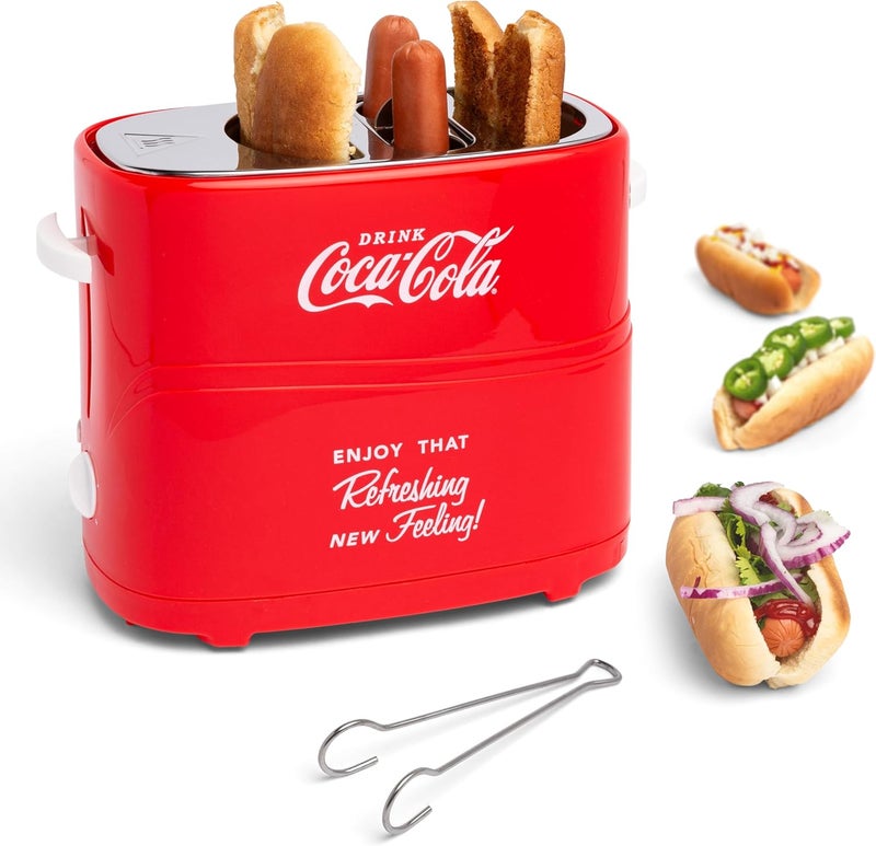 Nostalgia Coca-Cola Hot Dog Toaster - 2 Slot Bun Mini Tongs - Works with Chicken, Turkey, Veggie Links, Sausages and Brats - Coke Red - Image 1