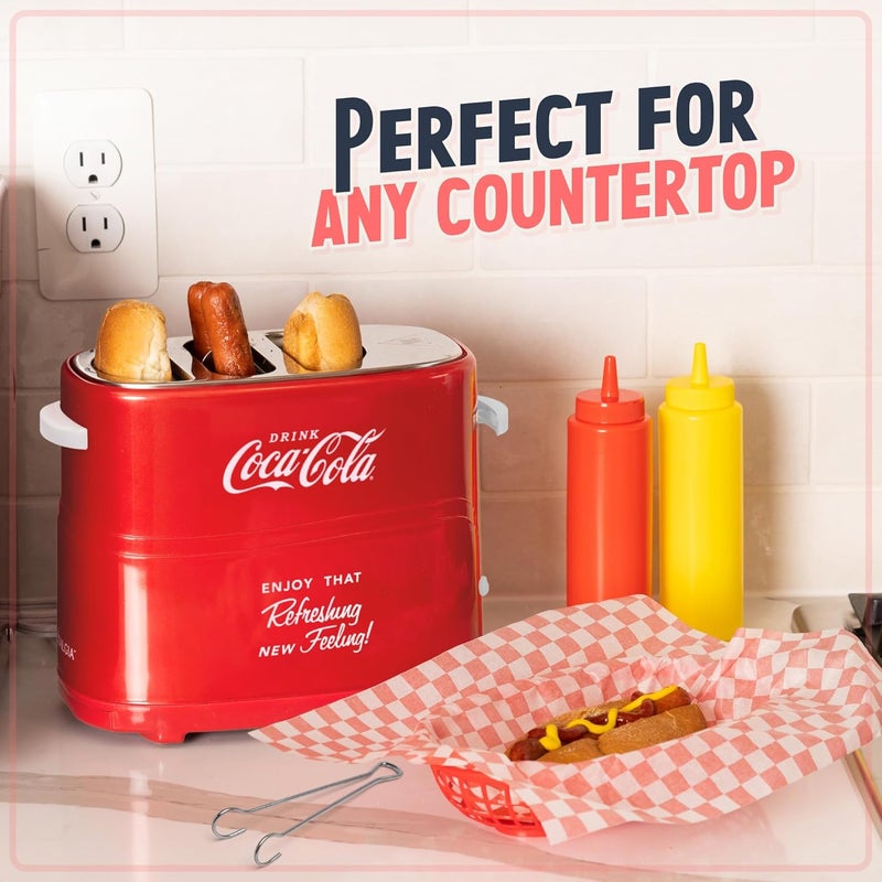 Nostalgia Coca-Cola Hot Dog Toaster - 2 Slot Bun Mini Tongs - Works with Chicken, Turkey, Veggie Links, Sausages and Brats - Coke Red - Image 4