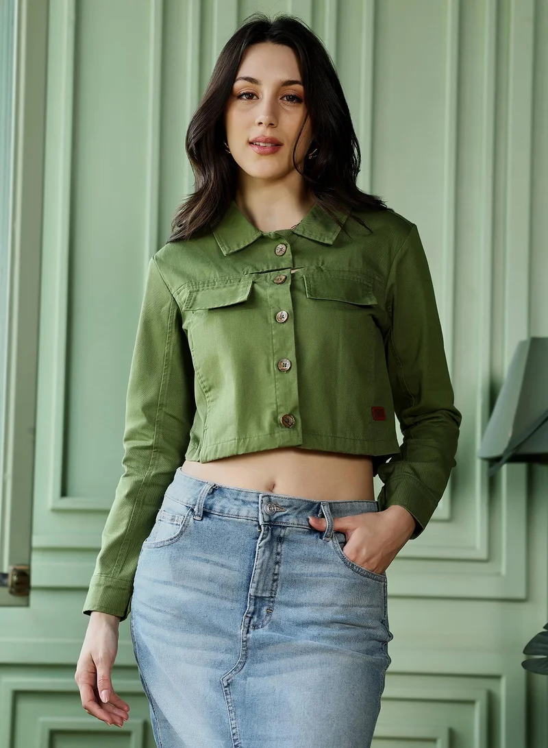 PINACOLADA Women's Olive Green Button-Front Crop Jacket | كم طويل | سادة | كاجوال ويومي | طوق منتشر | جاكيت