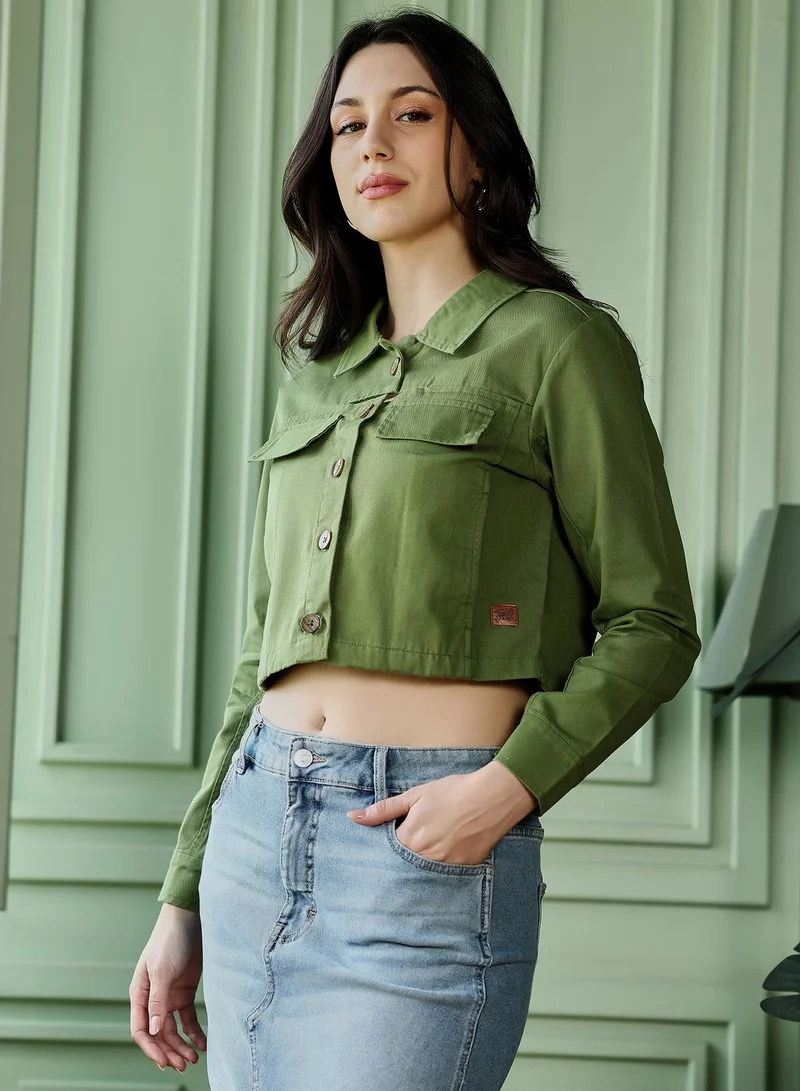 PINACOLADA  Women's Olive Green Button-Front Crop Jacket | كم طويل | سادة | كاجوال ويومي | طوق منتشر | جاكيت for Women | Best Price UAE