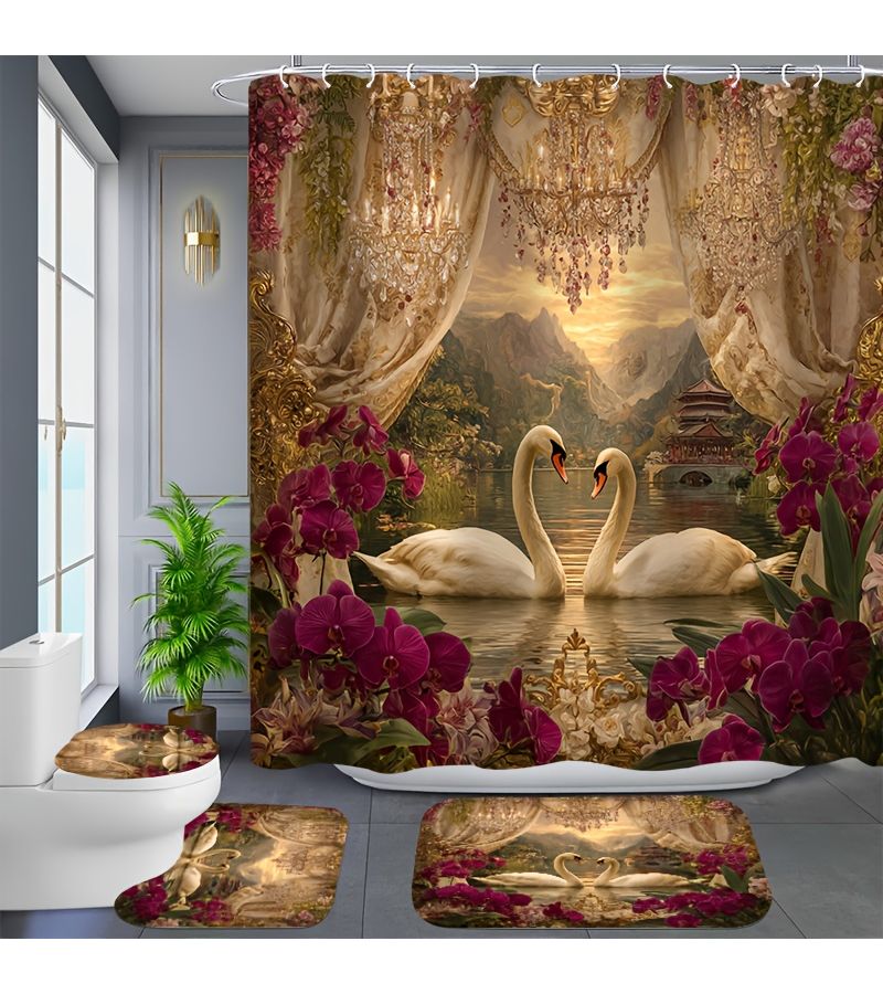 1pc Or 4pcs Shower Curtain Sets Including 12 Hooks Toilet Seat Cover And Bathroom Mat Polyester 94.49x78.74inch Home Decor Bathroom Additions - Image 1