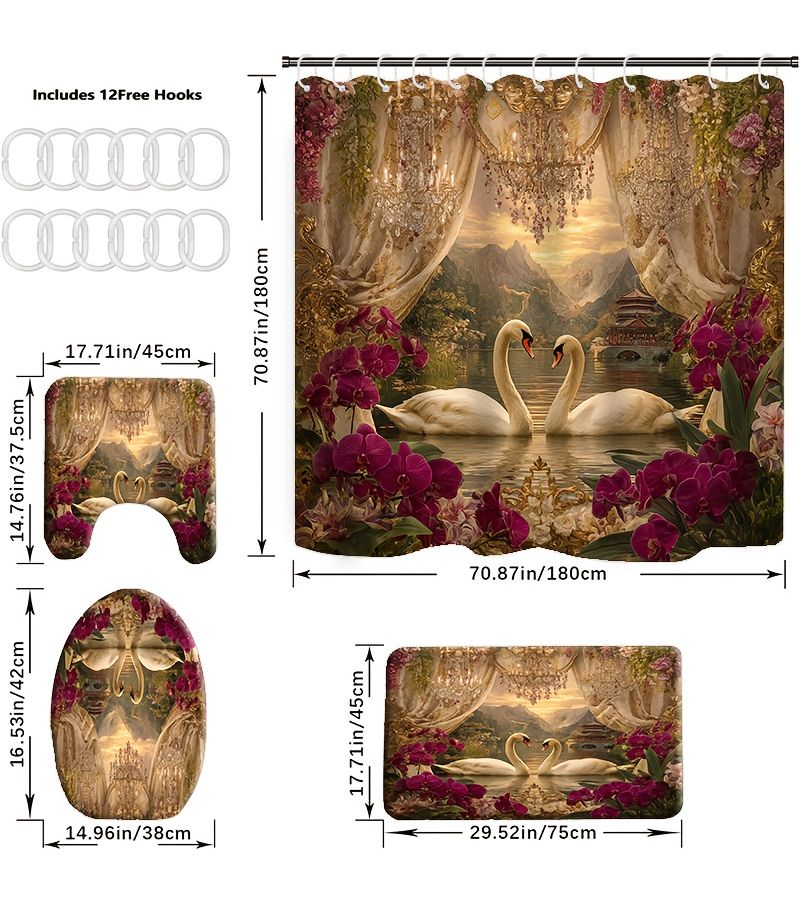 1pc Or 4pcs Shower Curtain Sets Including 12 Hooks Toilet Seat Cover And Bathroom Mat Polyester 94.49x78.74inch Home Decor Bathroom Additions - Image 3