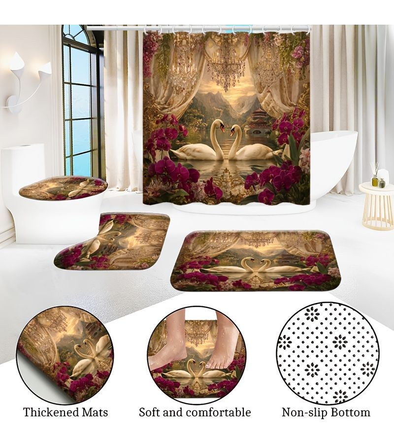 1pc Or 4pcs Shower Curtain Sets Including 12 Hooks Toilet Seat Cover And Bathroom Mat Polyester 94.49x78.74inch Home Decor Bathroom Additions - Image 5