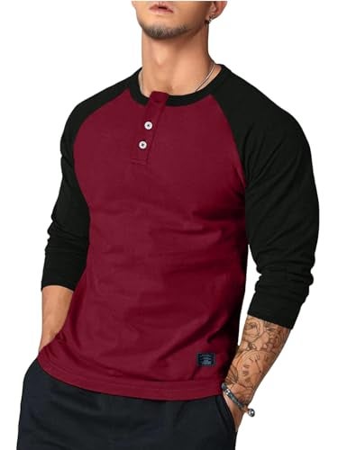 Dokotoo Men Men's Henley Shirt Fall Casual Crewneck Color Block Slim Fit Long Sleeve Workout Buttons Shirt Tshirts Shirts for Men Red Large - Image 1