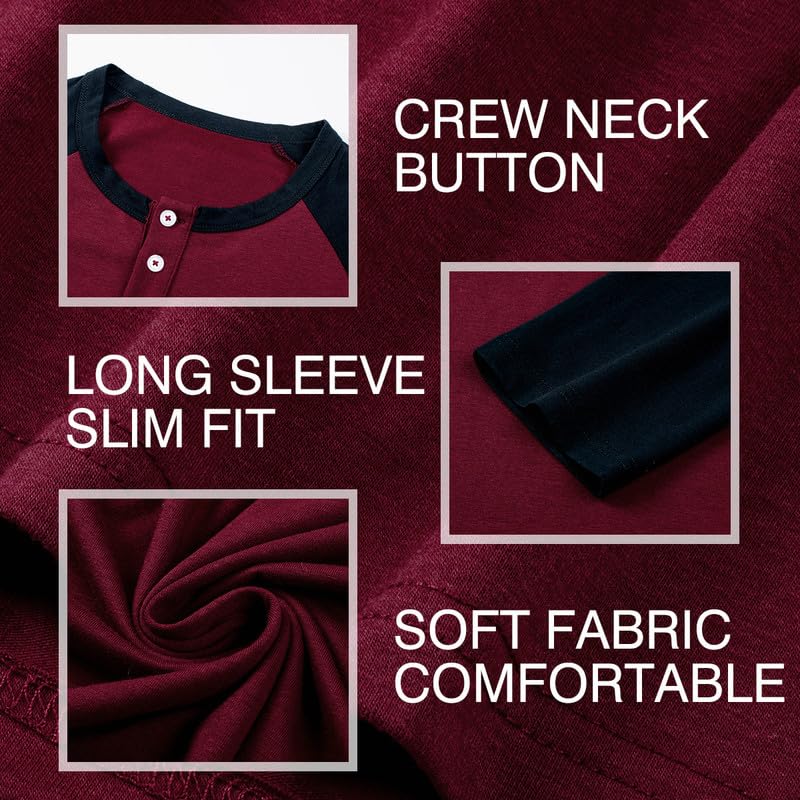 Dokotoo Men Men's Henley Shirt Fall Casual Crewneck Color Block Slim Fit Long Sleeve Workout Buttons Shirt Tshirts Shirts for Men Red Large - Image 3