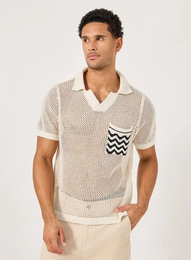 Styli Contrast Pocket Relaxed Crochet Knit Polo