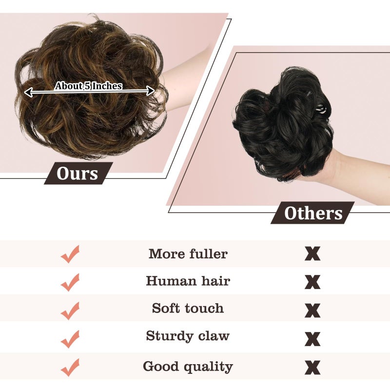 RUWISS Claw Clip Messy Bun Hair Piece 100% Real Human Hair Buns Curly Chignon Hair Bun Extensions Wavy Tousled Updo Hair Buns Claw Clip Ponytail Hairpieces for Women(Dark Brown with Light Golden Brown) - Image 3