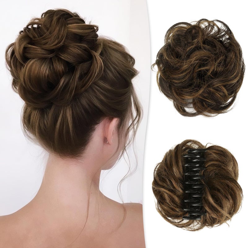 RUWISS Claw Clip Messy Bun Hair Piece 100% Real Human Hair Buns Curly Chignon Hair Bun Extensions Wavy Tousled Updo Hair Buns Claw Clip Ponytail Hairpieces for Women(Dark Brown with Light Golden Brown) - Image 1