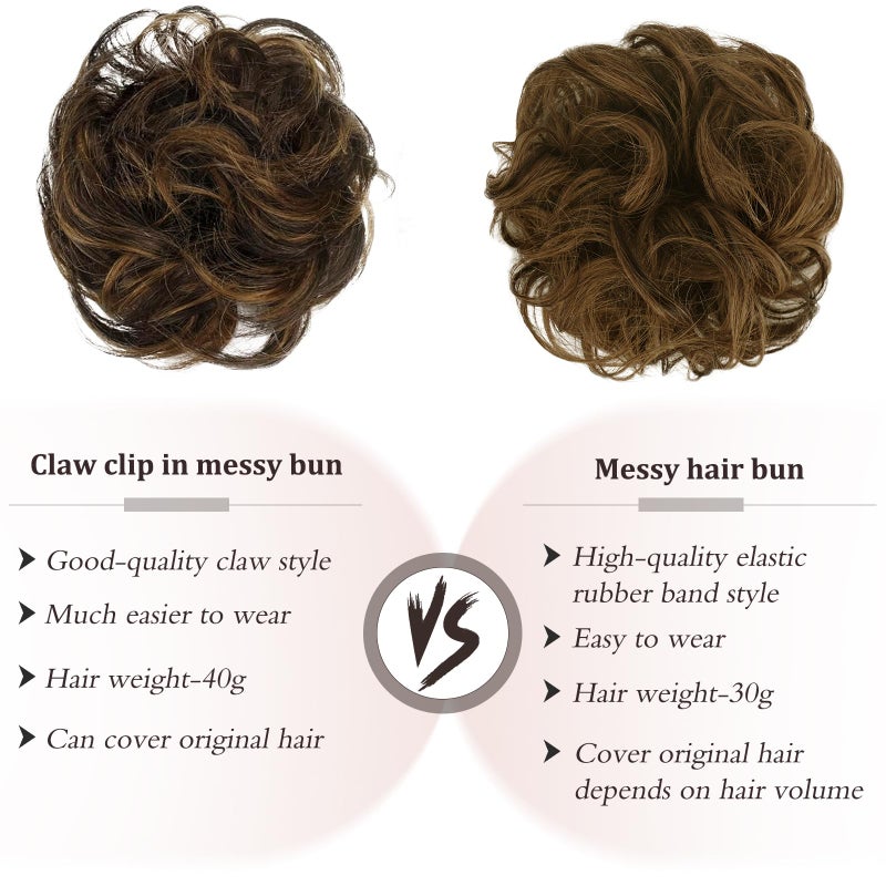 RUWISS Claw Clip Messy Bun Hair Piece 100% Real Human Hair Buns Curly Chignon Hair Bun Extensions Wavy Tousled Updo Hair Buns Claw Clip Ponytail Hairpieces for Women(Dark Brown with Light Golden Brown) - Image 4