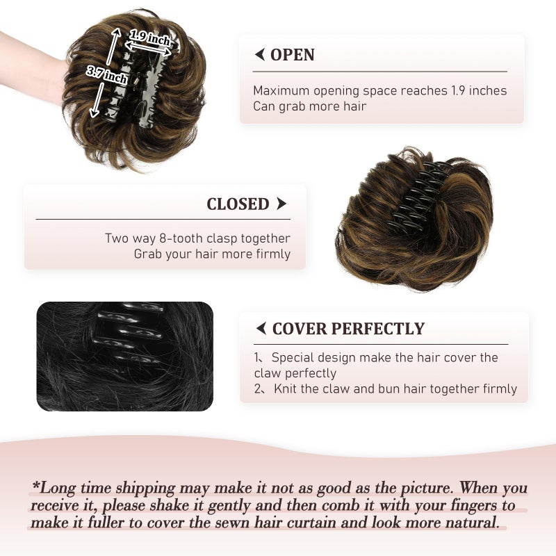RUWISS Claw Clip Messy Bun Hair Piece 100% Real Human Hair Buns Curly Chignon Hair Bun Extensions Wavy Tousled Updo Hair Buns Claw Clip Ponytail Hairpieces for Women(Dark Brown with Light Golden Brown) - Image 5