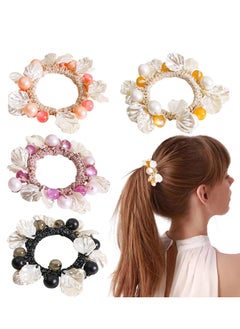 Shell Hair Scrunchies, Pearl Hair Ties, Rhinestone Elastic Hair Bands, Stretchy Bling Glitter Sparkly Hair Elastics Decorative for Women and Girls (4 Pieces)