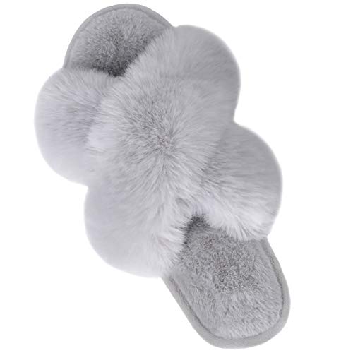 Parlovable Women's Fuzzy Slippers Comfy Cross Band House Shoes Memory Foam Open Toe Indoor Gifts for Ladies Grey 9-10 - Image 1
