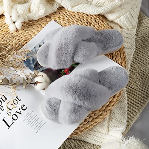 Parlovable Women's Fuzzy Slippers Comfy Cross Band House Shoes Memory Foam Open Toe Indoor Gifts for Ladies Grey 9-10 - Image 5