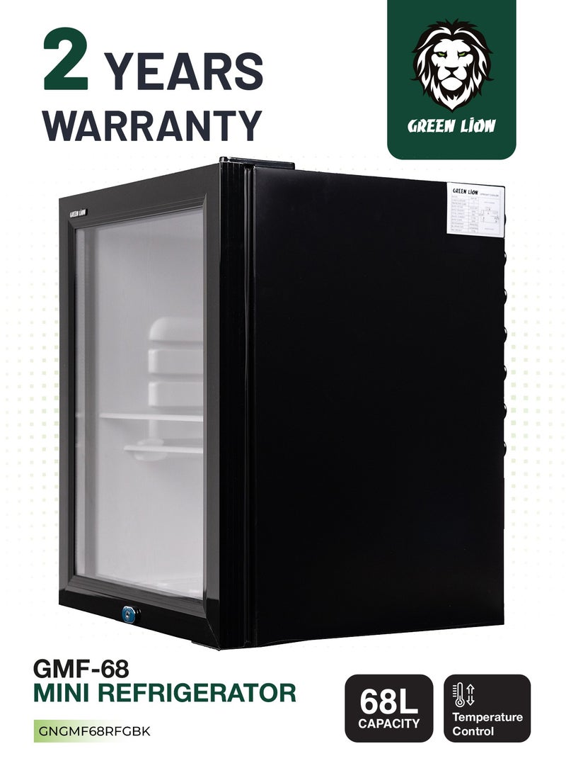 GMF-68 Mini Refrigerator with Removable & Adjustable Shelves and Glass Door 68L Capacity / R600a Refrigerant / Quiet Operation / Child Safety Lock & Adjustable Legs - Black