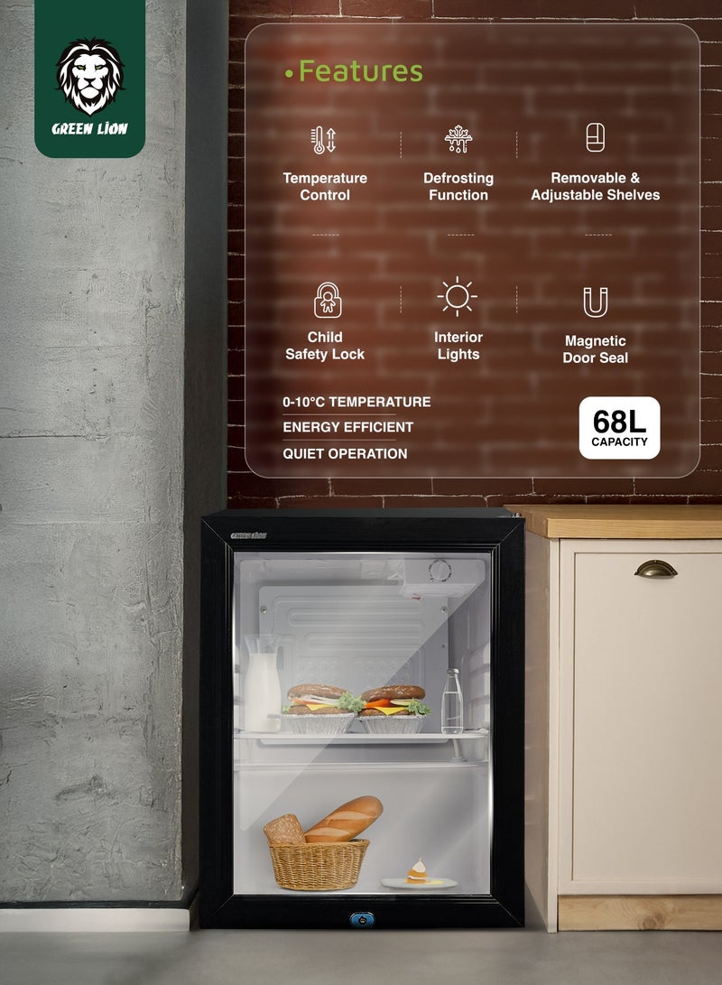 GMF-68 Mini Refrigerator with Removable & Adjustable Shelves and Glass Door 68L Capacity / R600a Refrigerant / Quiet Operation / Child Safety Lock & Adjustable Legs - Black