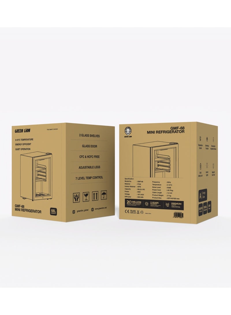 GMF-68 Mini Refrigerator with Removable & Adjustable Shelves and Glass Door 68L Capacity / R600a Refrigerant / Quiet Operation / Child Safety Lock & Adjustable Legs - Black