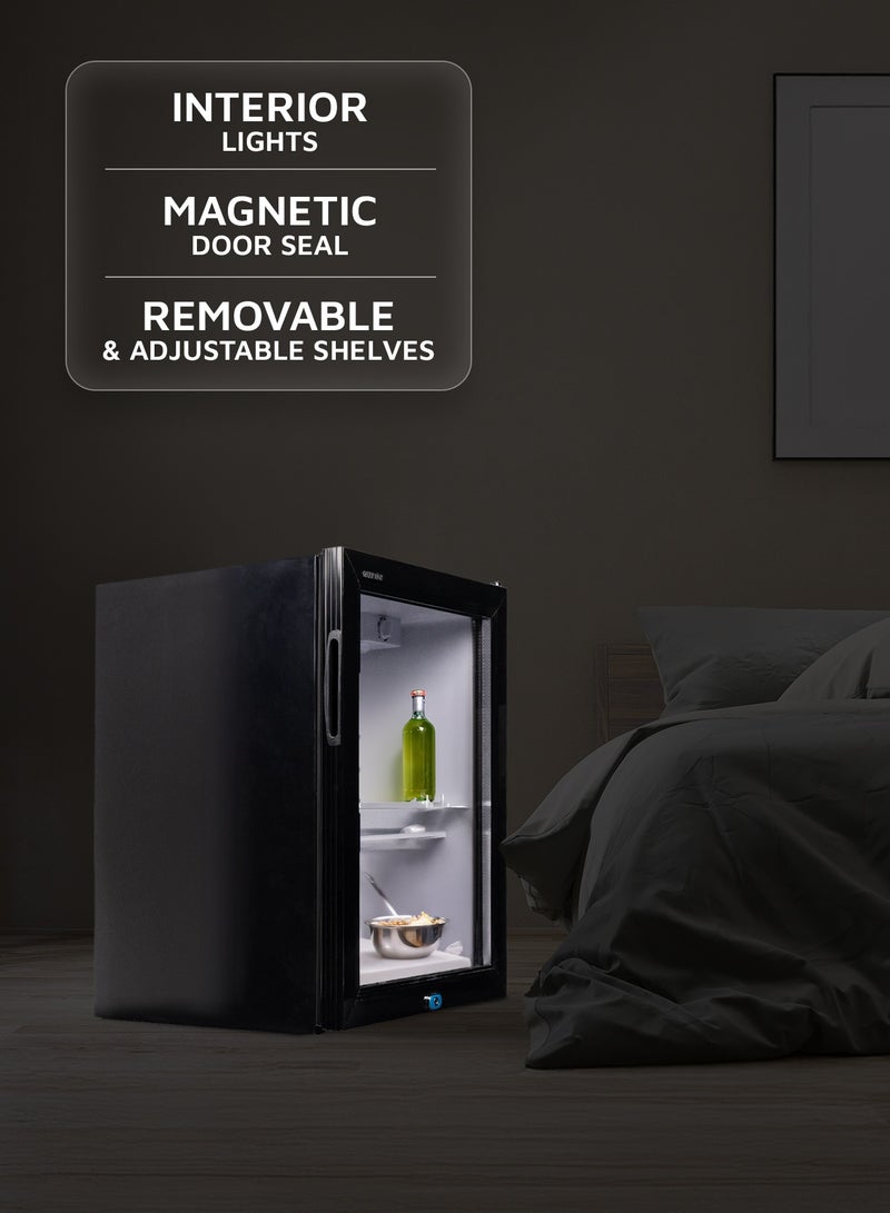 GMF-68 Mini Refrigerator with Removable & Adjustable Shelves and Glass Door 68L Capacity / R600a Refrigerant / Quiet Operation / Child Safety Lock & Adjustable Legs - Black