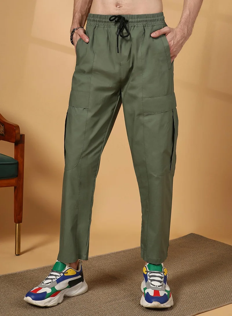 Campus Sutra Men's Olive Green Solid Utility Trousers