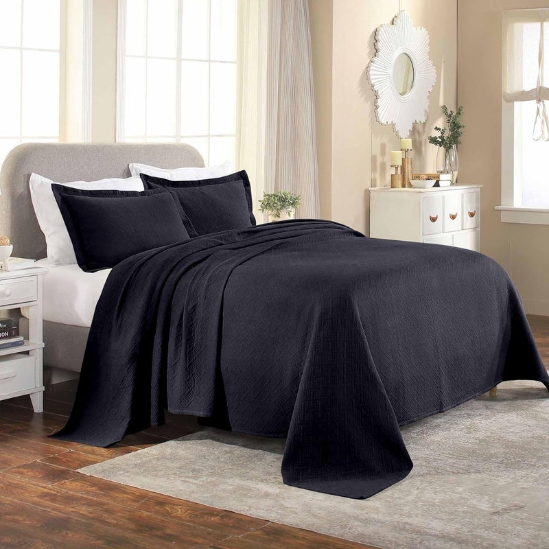 Superior Superior 100 Cotton Basket Weave Bedspread with Shams AllSeason Premium Cotton Matelasse Jacquard Bedding QuiltedLook Geometric Basket King Navy Blue 